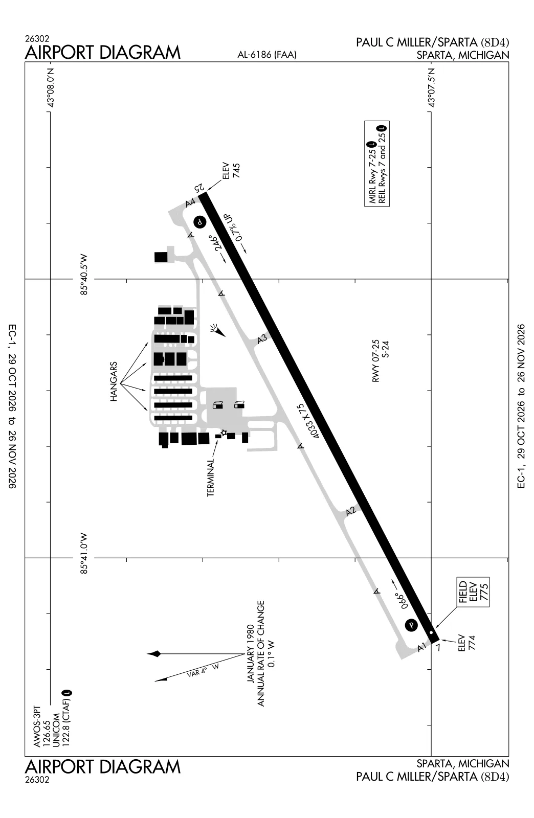 8D4 airport diagram: FAA taxiway and runway layout for Paul C. Miller-Sparta Airport