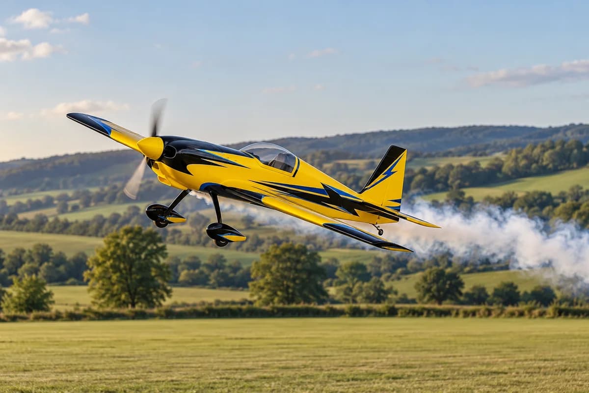Yellow and black RC airplane making a banked pass with a smoke trail over a rural flying field